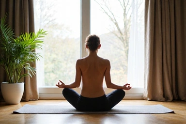 A person meditating in a peaceful setting, representing mental well-being.