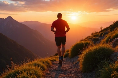 Energetic man running on a trail with a vibrant sunrise, symbolizing enhanced energy and stamina.