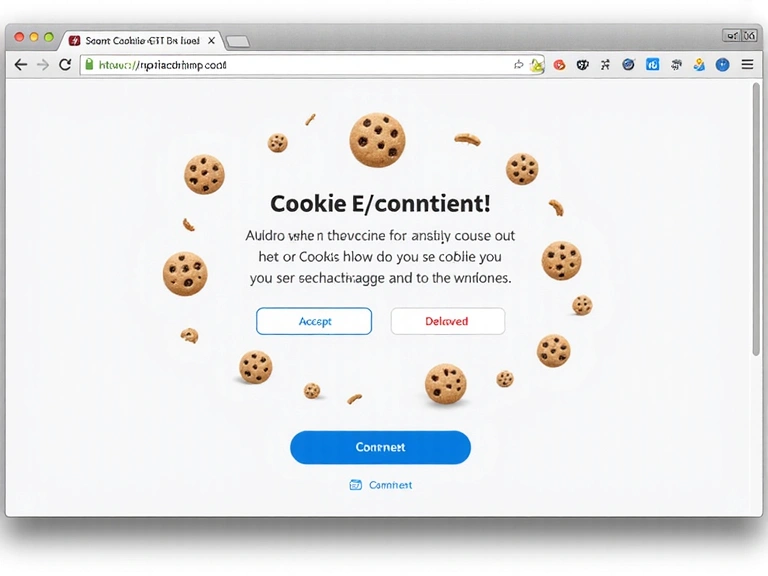 A browser window showing a cookie consent pop-up, with various cookie icons floating around, emphasizing website tracking and user choices.