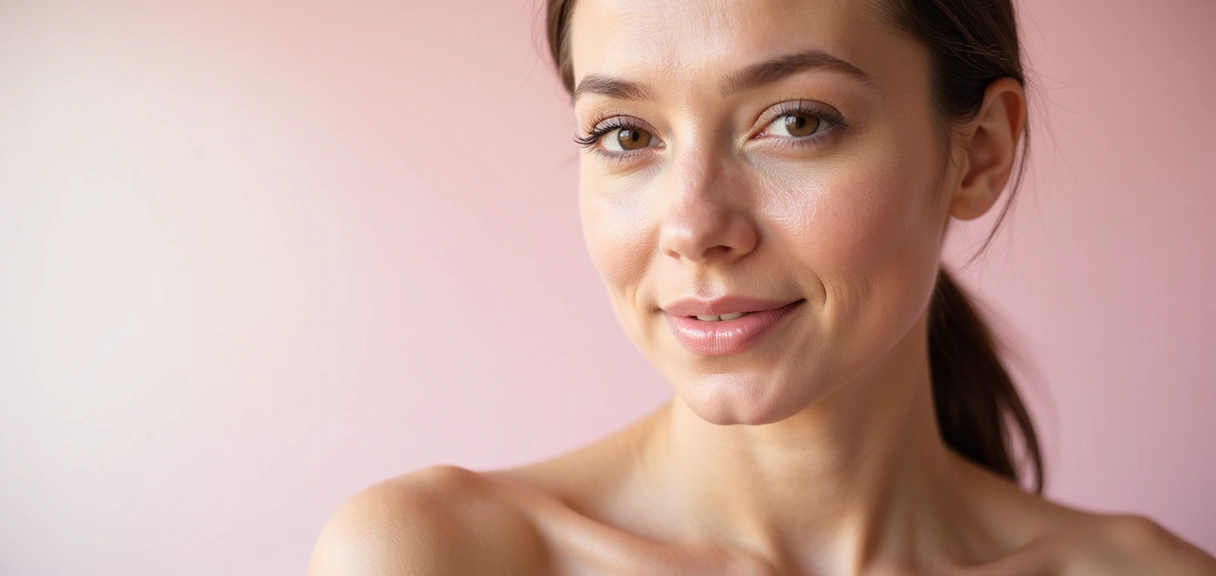 A woman with glowing, healthy skin, representing natural beauty and anti-aging skincare.