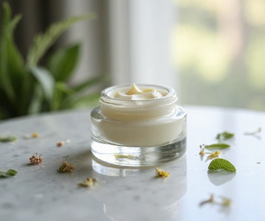 Close-up of a luxurious anti-aging cream jar with botanical elements.