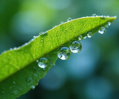 Droplets of water on a leaf, symbolizing hydration.